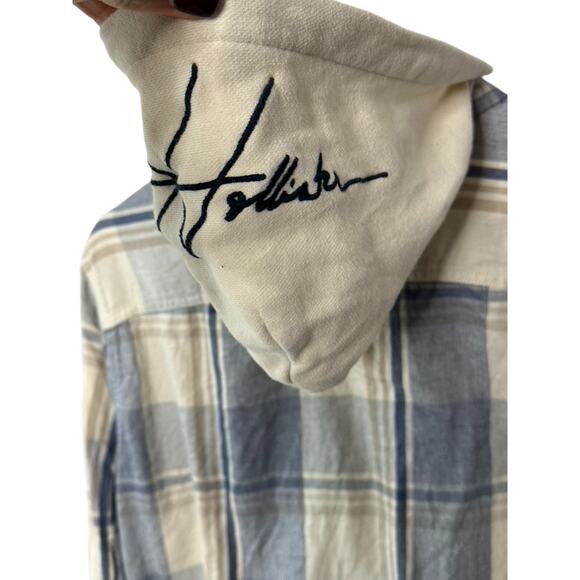 Hollister Blue & Ivory Plaid Hooded Button Up Shirt Men's Medium - Picture 5 of 6